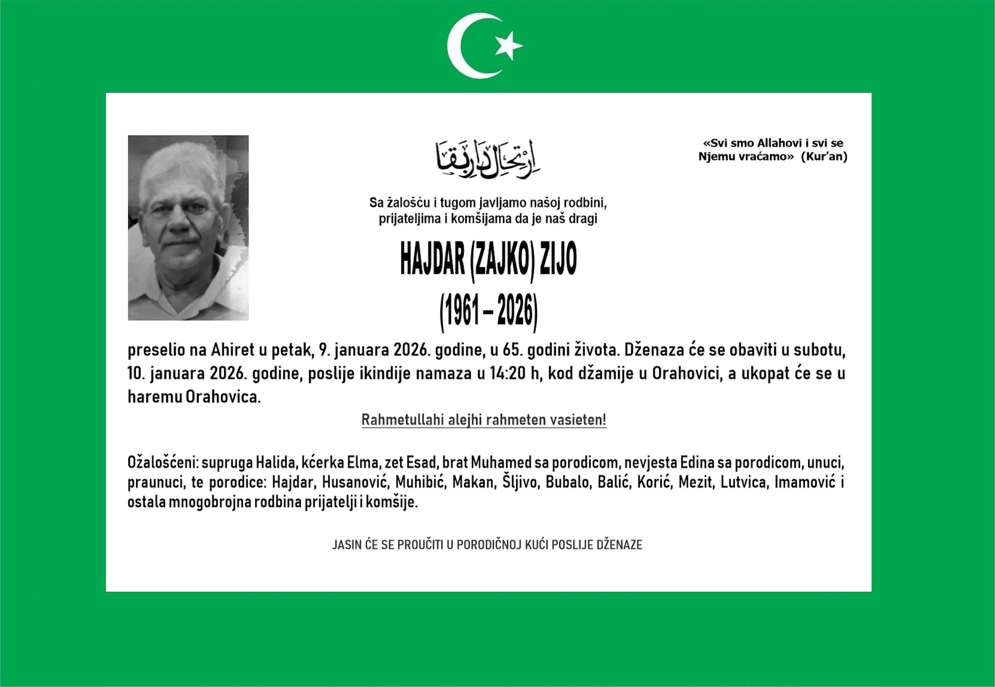 Na ahiret preselio naš član Hajdar (Zajko) Zijo