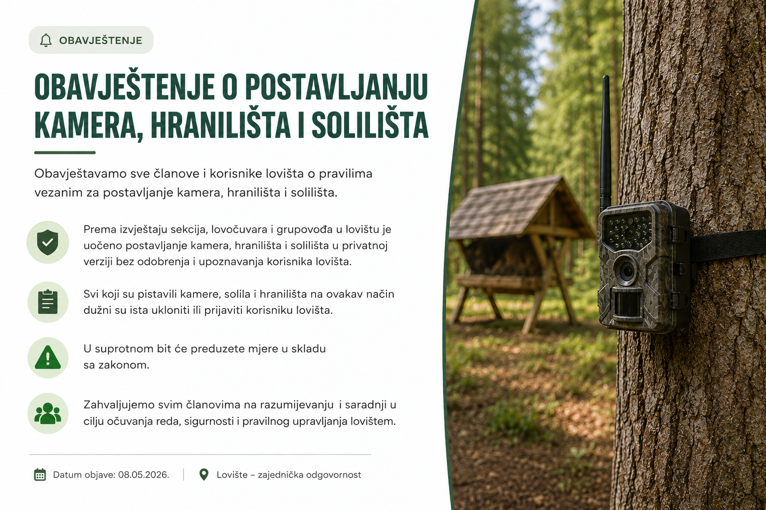 OBAVJEŠTENJE O POSTAVLJANJU KAMERA, HRANILIŠTA I SOLILIŠTA